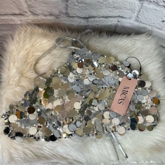 Micas silver sequins backless halter top Size Small New! - Picture 2 of 11